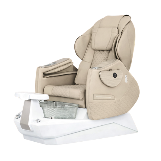 Beige full body massage pedicure chair autofill water function with foot basin on a white background