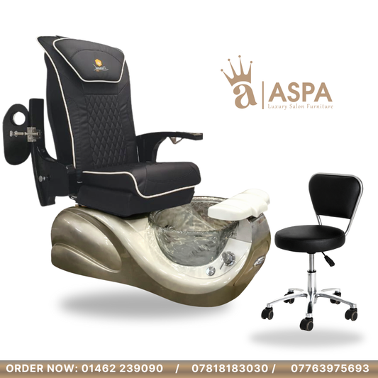 Black Leather and Black Armrest Diamond Pedicure chair with stool in white background