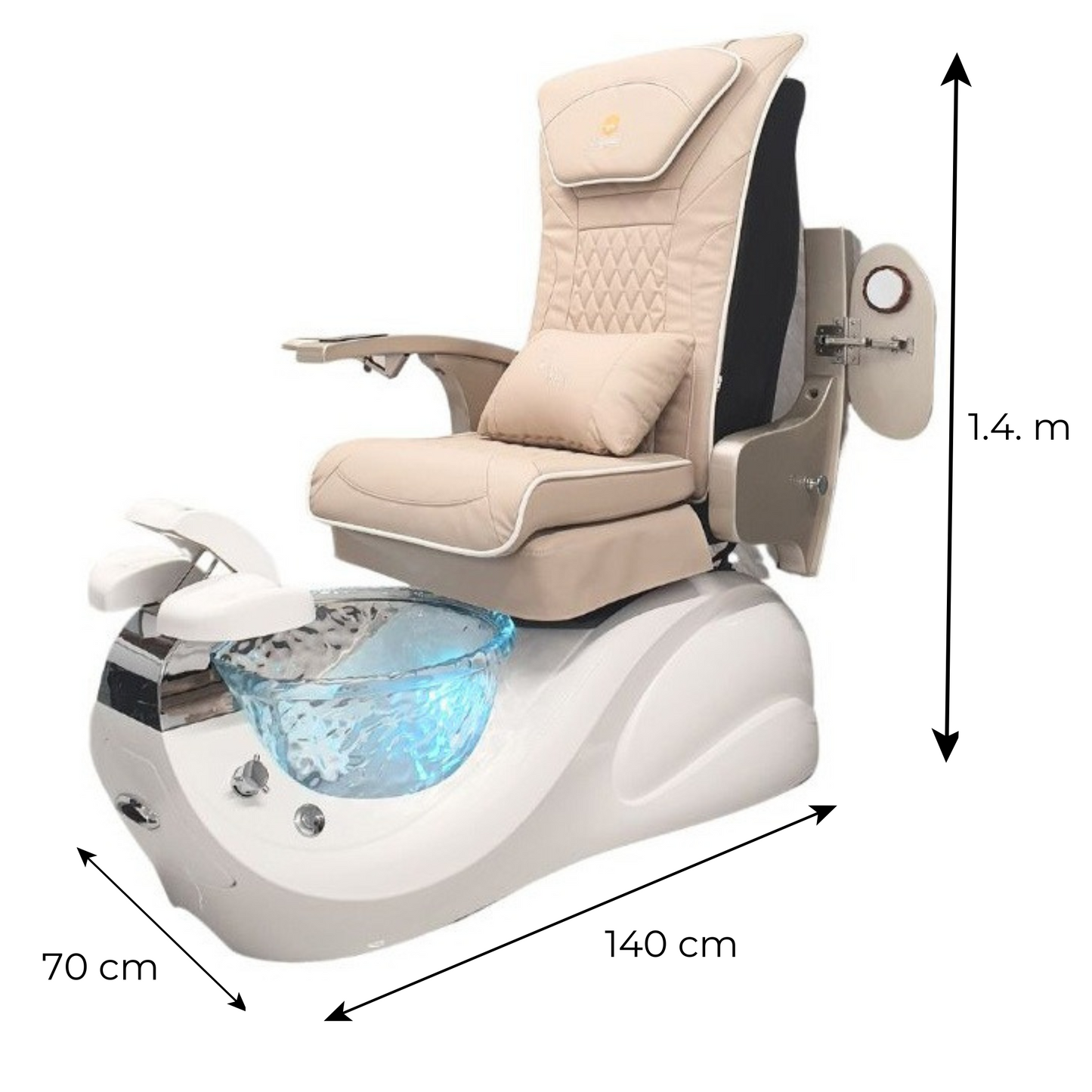 Pedicure chair with dimensions indicated on a white background