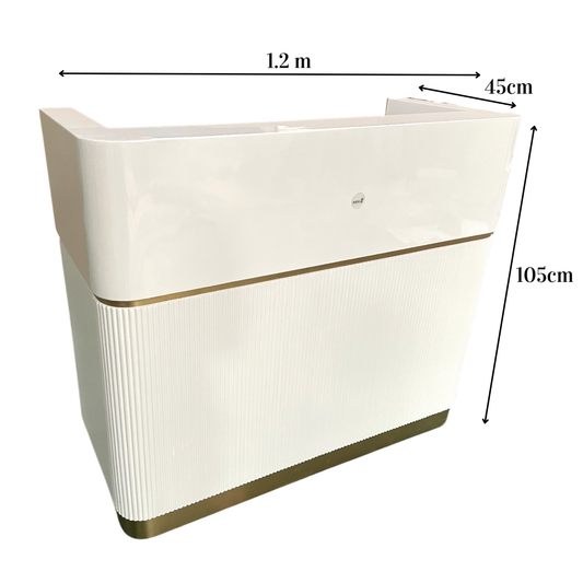 White reception desk with dimensions labeled on a white background