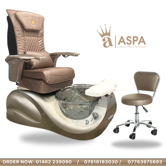 Nail salon furniture set with metallic gold leather pedicure chair and pedicure stool chair, featuring ASPA brand.
