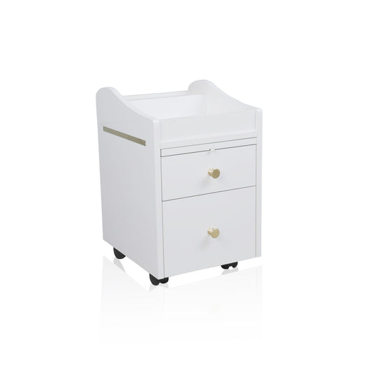 A side of a white and gold pedicure trolley with two drawers and a top shelf, equipped with wheels and gold handles.