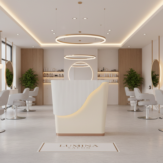 White and beige lamp with a ribbed texture on a white background