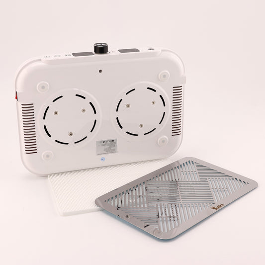 White electronic device with cooling fans and a heating pad on a light gray background