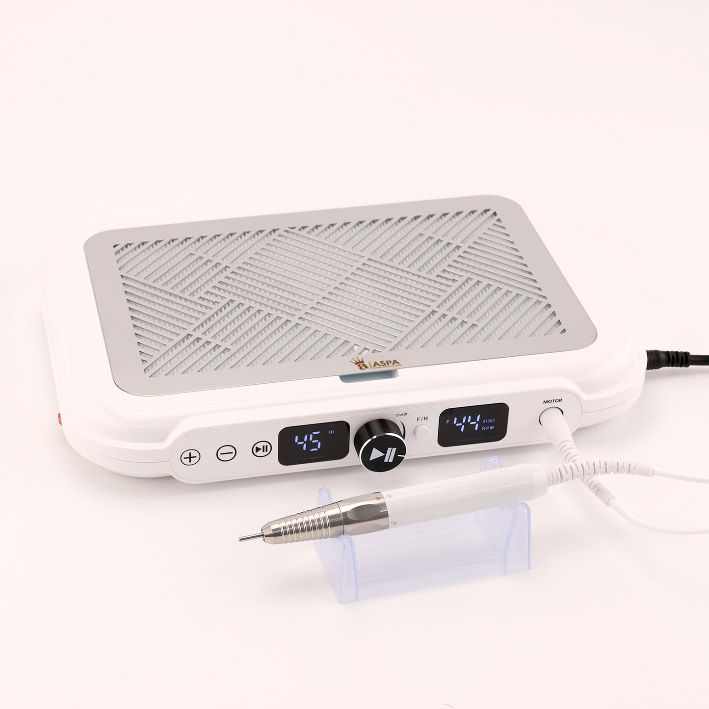 White nail drill tool with digital display and attachments on a white background