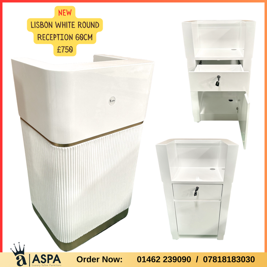 White round reception desk with additional white cabinets on a white background, featuring ASPA branding.