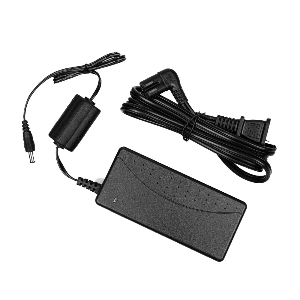 Black power adapter with cable on a white background