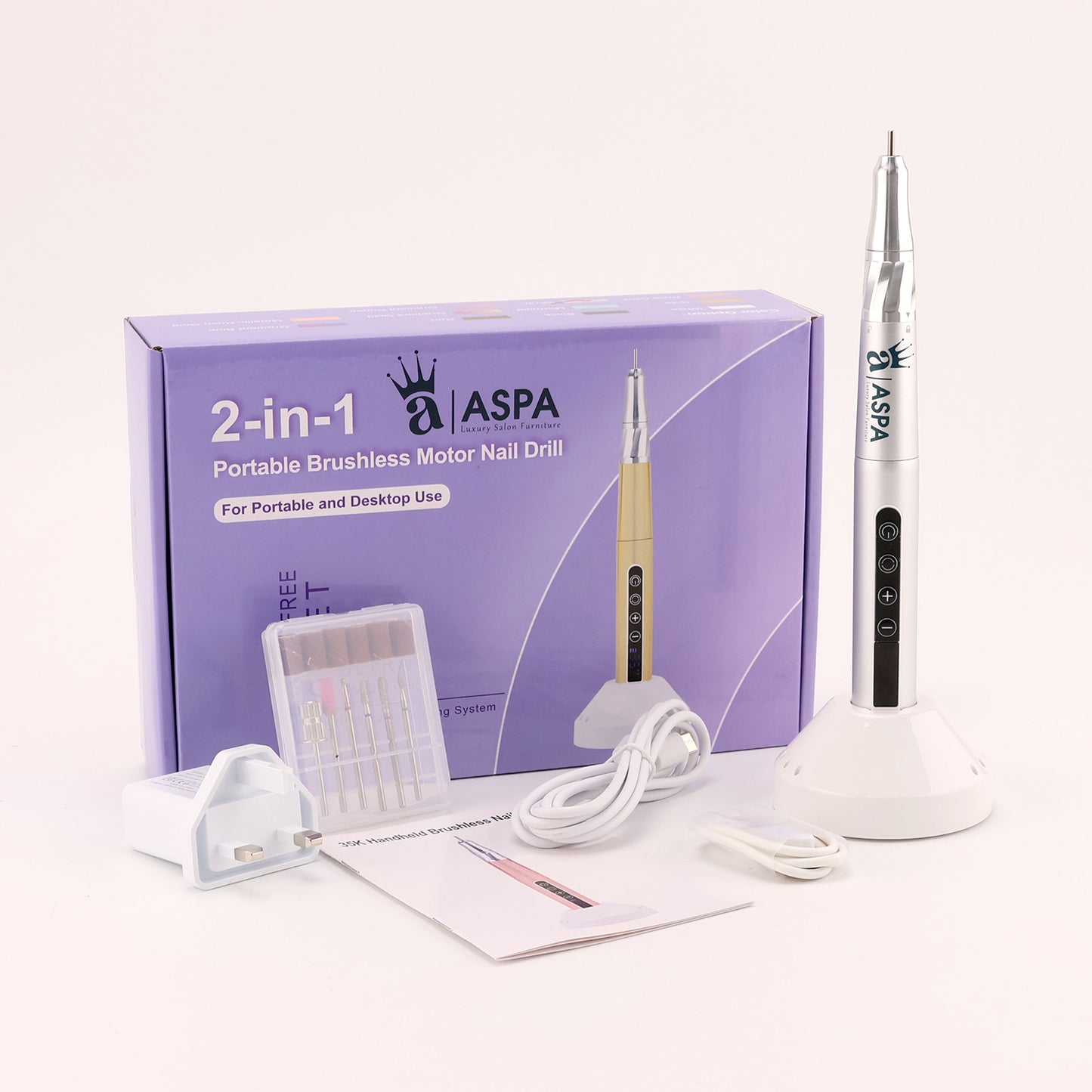 ASPA 2-in-1 portable brushless motor nail drill with packaging on a white background