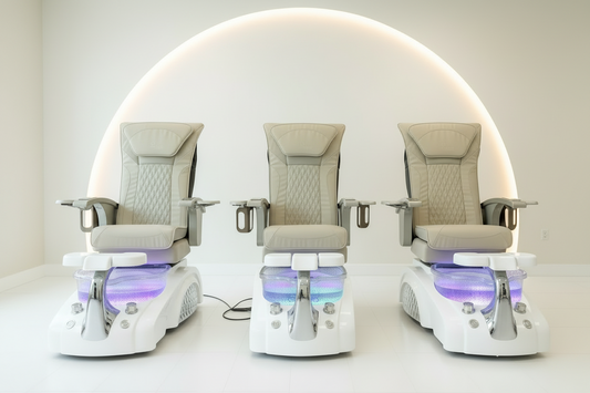 New Beige pedicure chair with color options displayed on a white background, chrome white base pedicure