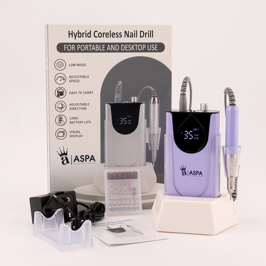 ASPA hybrid coreless nail drill with packaging and accessories on a white background