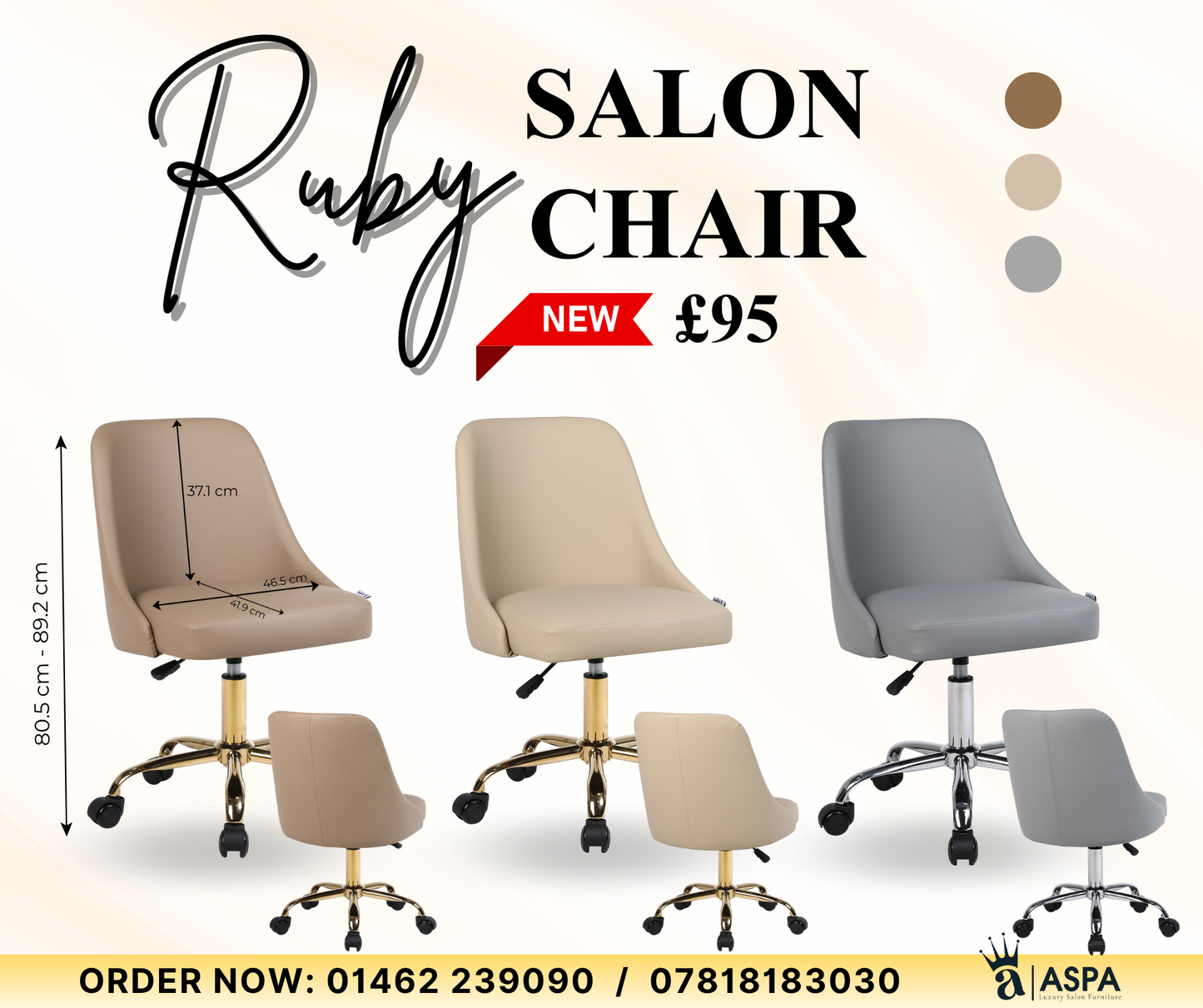 Advertisement for Salon Ruby chairs with color options and pricing.