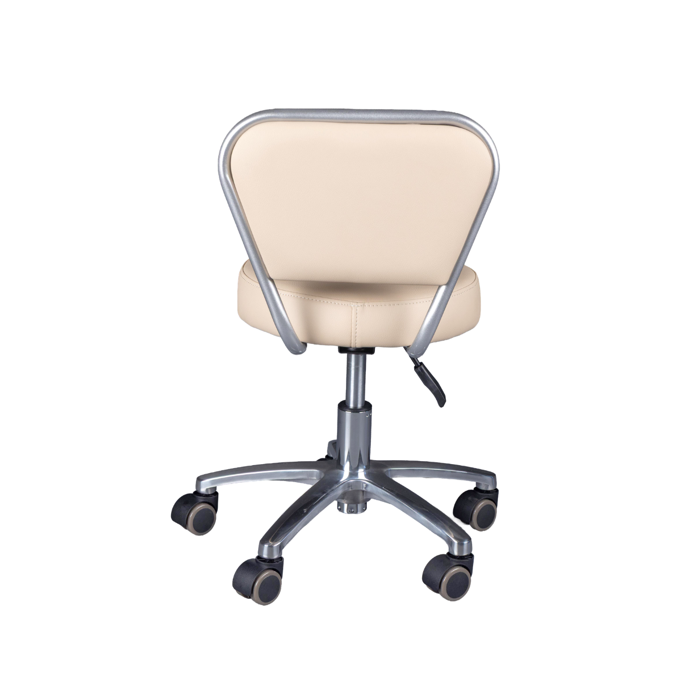 Beige office chair with metal frame and wheels on a white background