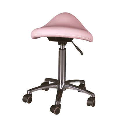Pink saddle stool with wheels on a white background