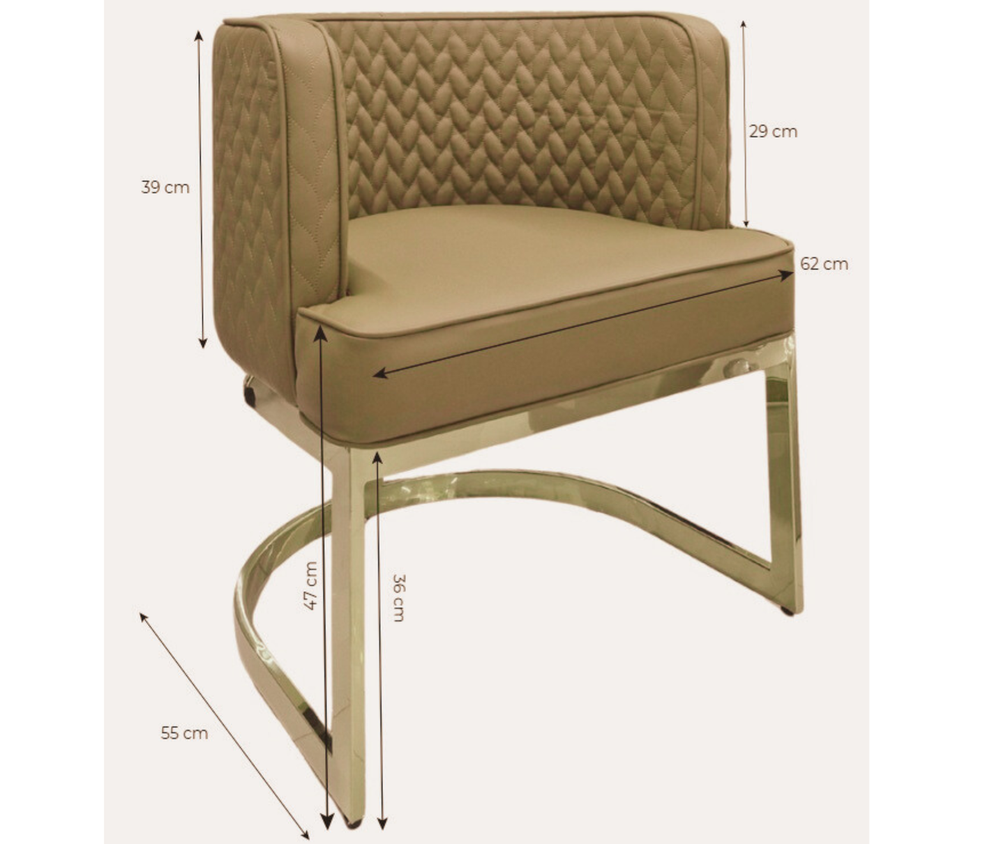Beige armchair with dimensions marked on a white background