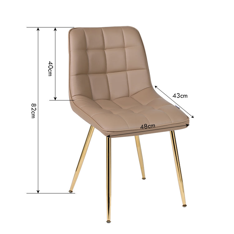 Beige chair with gold legs and dimensions labeled on a white background