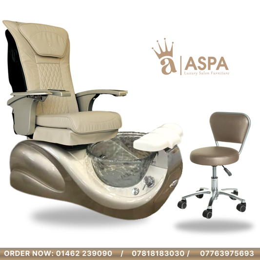 Beige pedicure chair with foot basin and matching stool on a white background, featuring ASPA logo.