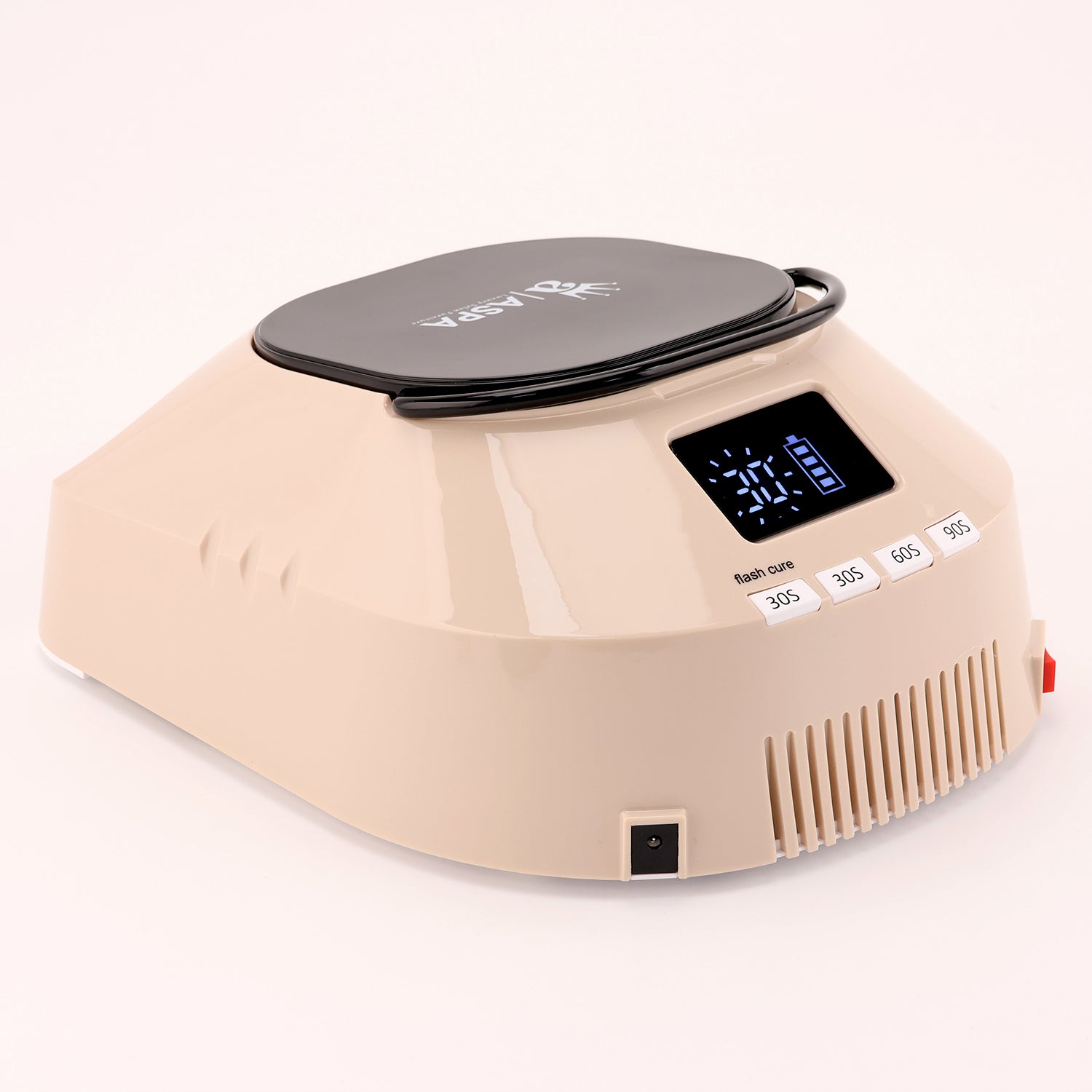 Beige nail dryer with digital display on a white background, automatic flash cure 30s, 60s, 90s