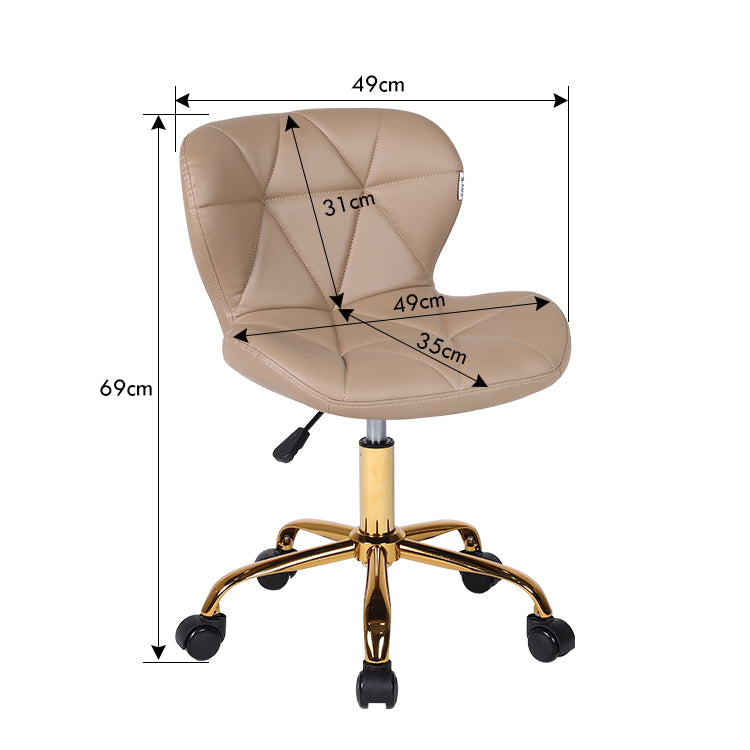 Beige office chair with gold base and dimensions labeled on a white background