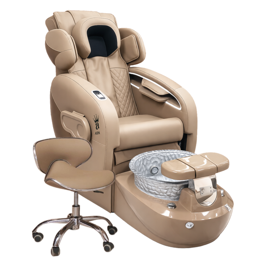 Beige pedicure chair with foot basin on a white background