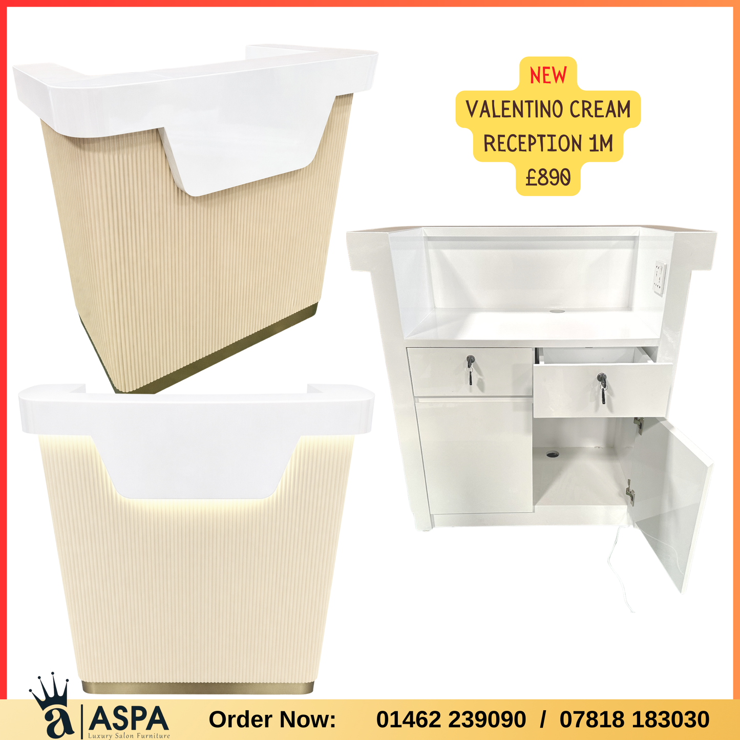 Beige reception desk and product details on a red border