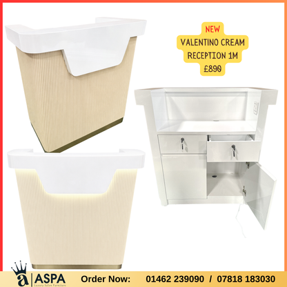 Beige reception desk and product details on a red border