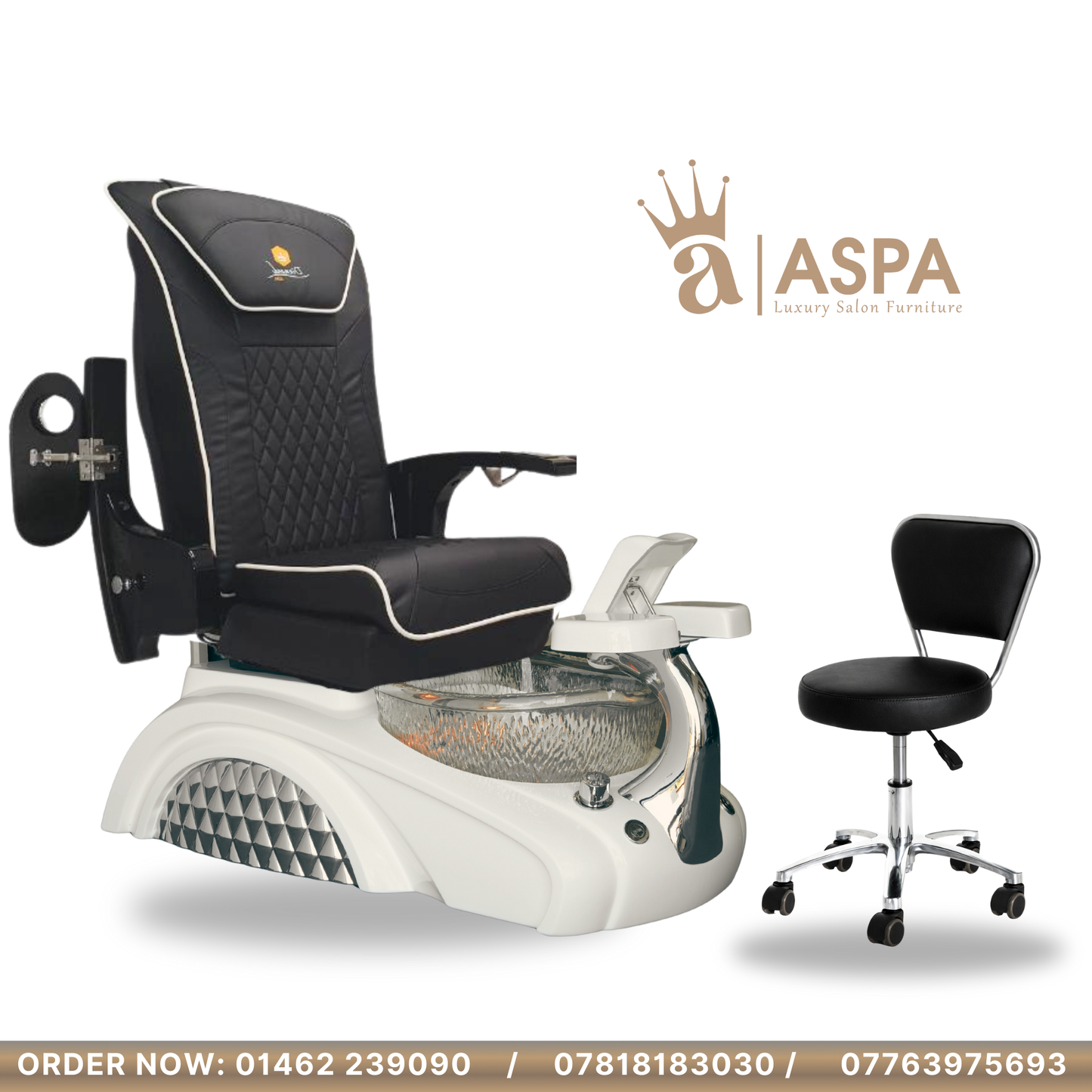 Pedicure chair with a stool on a white background, featuring the ASPA logo.