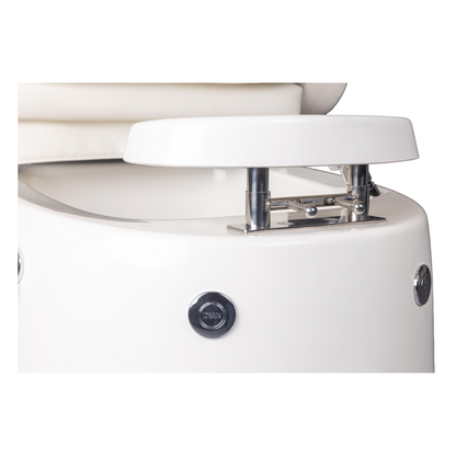 Close-up of a white electric chair with a metallic base on a white background
