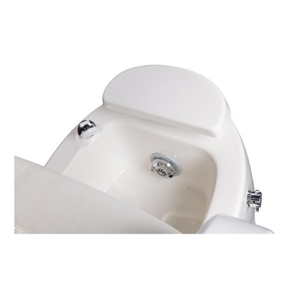 Close-up of a white sink with silver fixtures on a white background