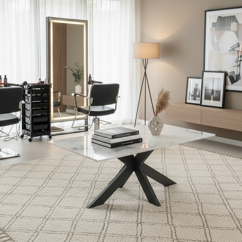 Dining table with marble-like top and black metal legs on a white background