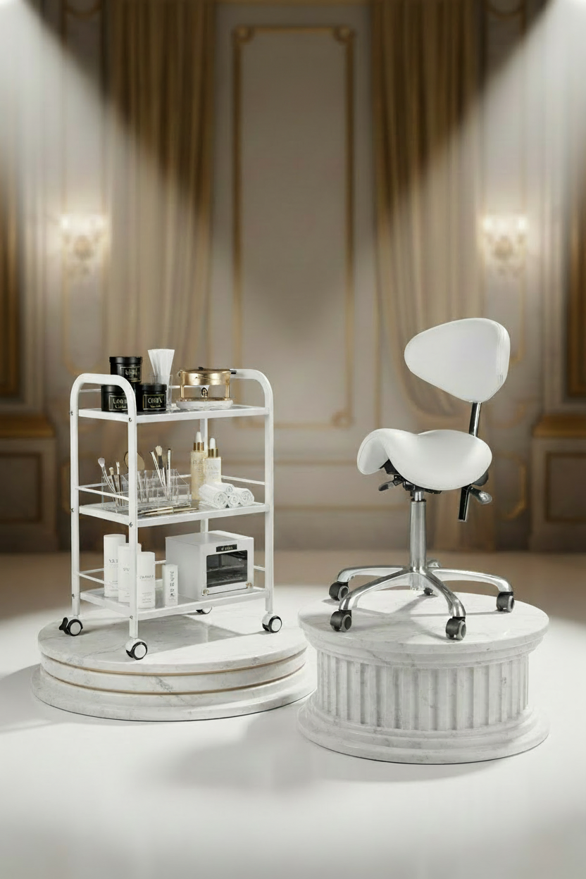 White bar cart and chair in a stylish room with decorative elements.