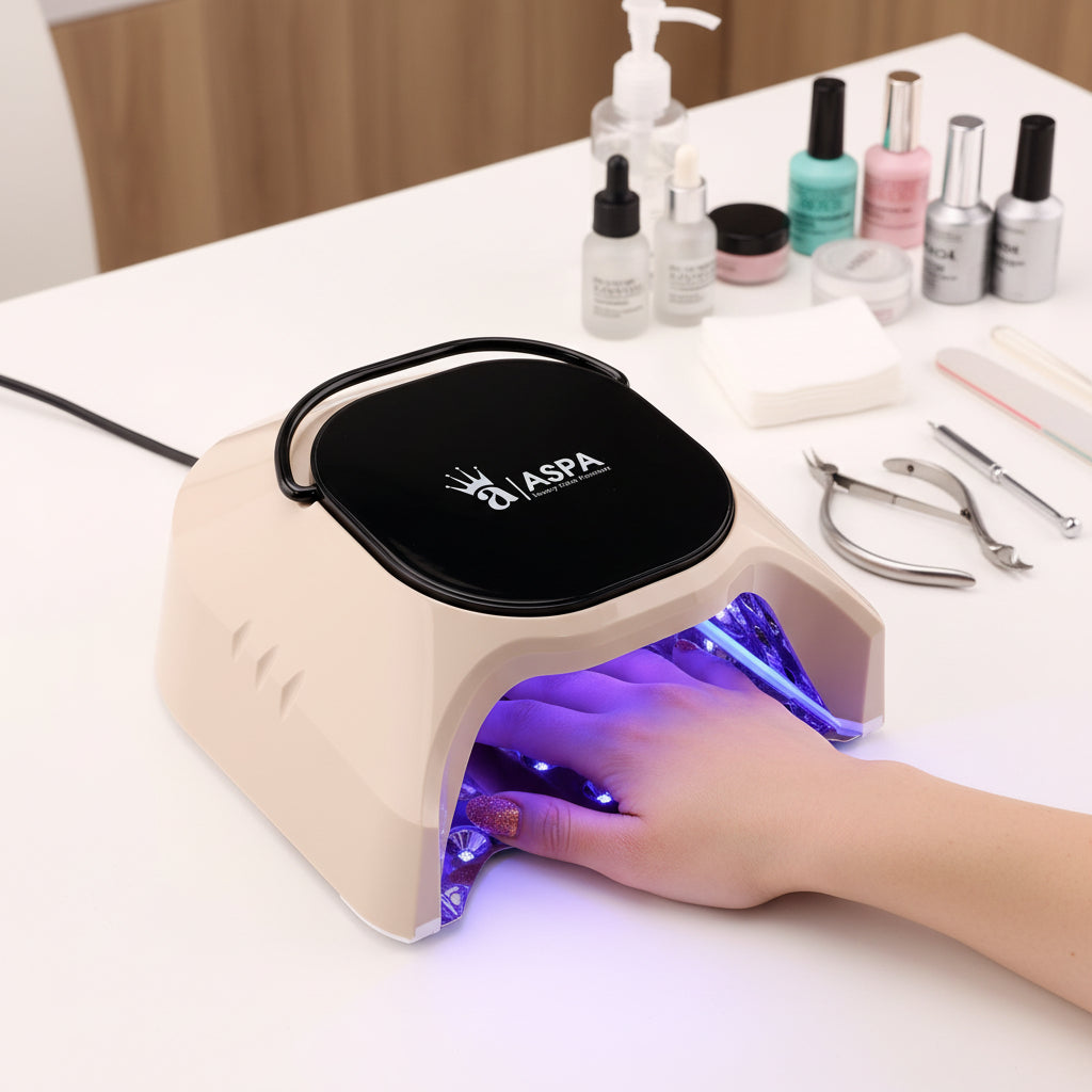 Beige Nail dryer with blue light on a white background, featuring the ASPA brand.