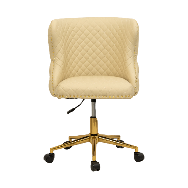 Front of a cream diamond-tufted salon customer chair with gold five-star base and caster wheels