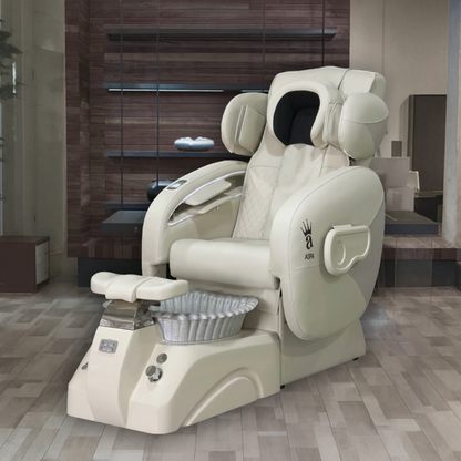 Beige pedicure chair with foot basin in a spa setting