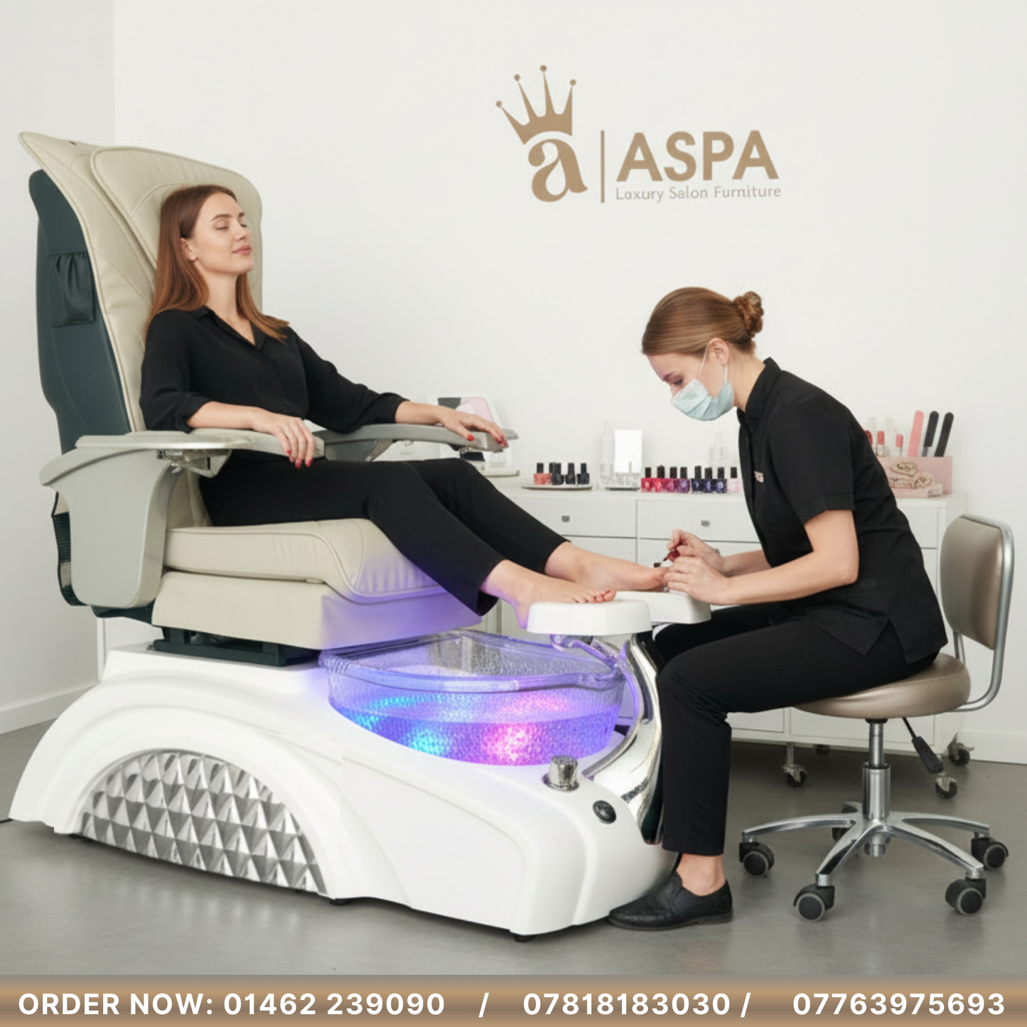 A nail technician is doing nail pedicure for her customer. The customer is sitting in the massage pedicure chair and relax