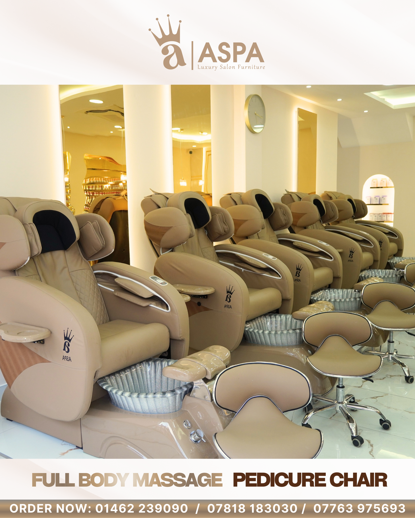 Row of ASPA massage and pedicure chairs in a spa setting.