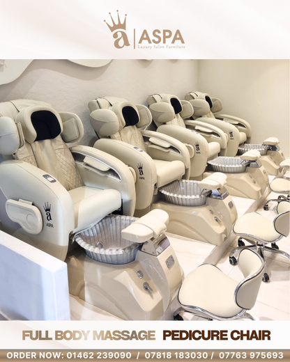 Row of ASPA full body massage system and pedicure chairs in a cream spa setting.