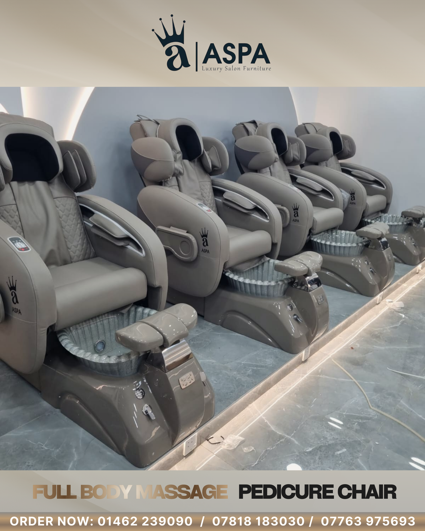 Row of ASPA grey sandstone pedicure chairs in a spa setting with a visible brand logo.