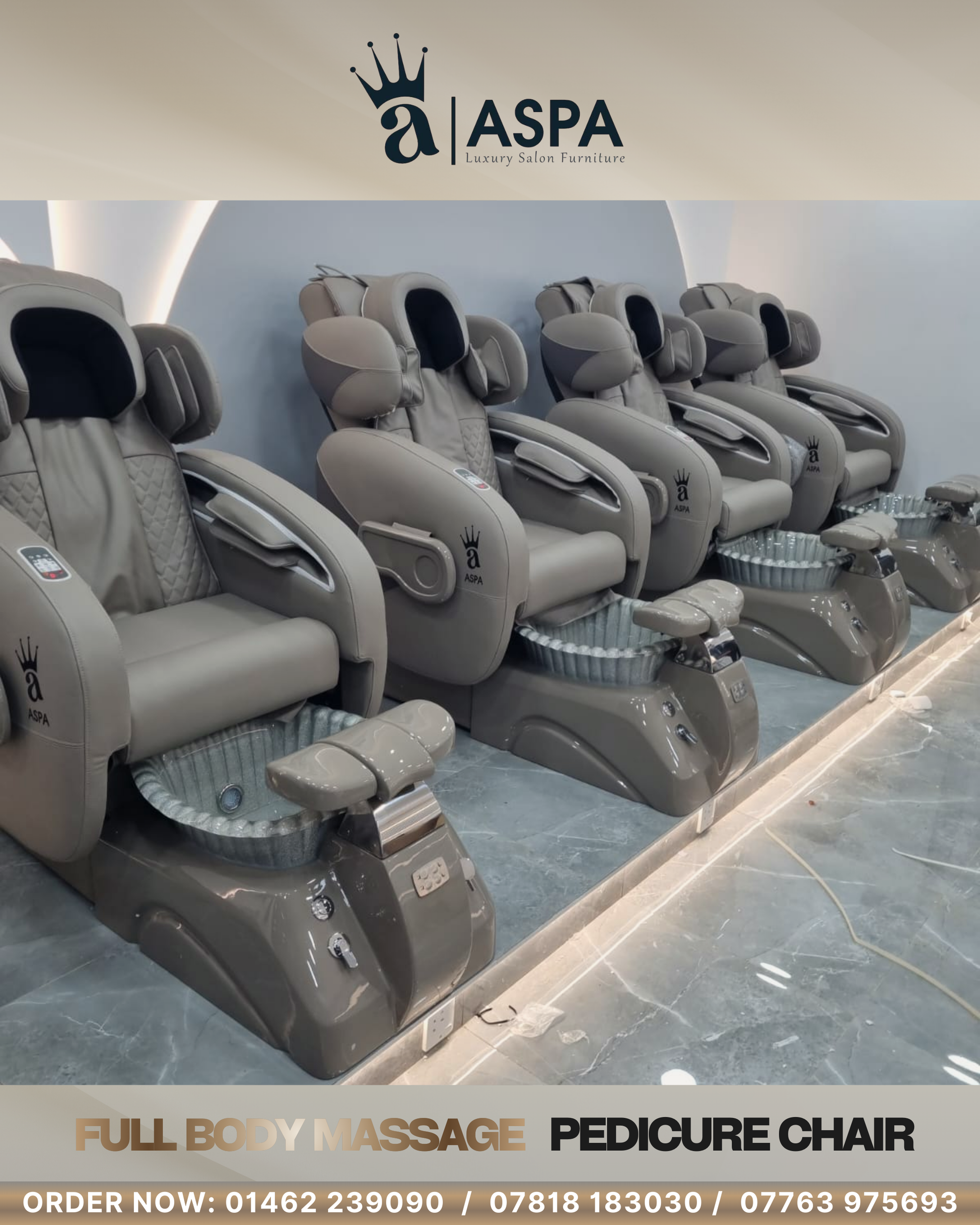 Row of ASPA grey sandstone pedicure chairs in a spa setting with a visible brand logo.