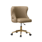 A beige upholstered chair with a diamond pattern and tufted backrest, mounted on a gold-colored five-star base with caster wheels.