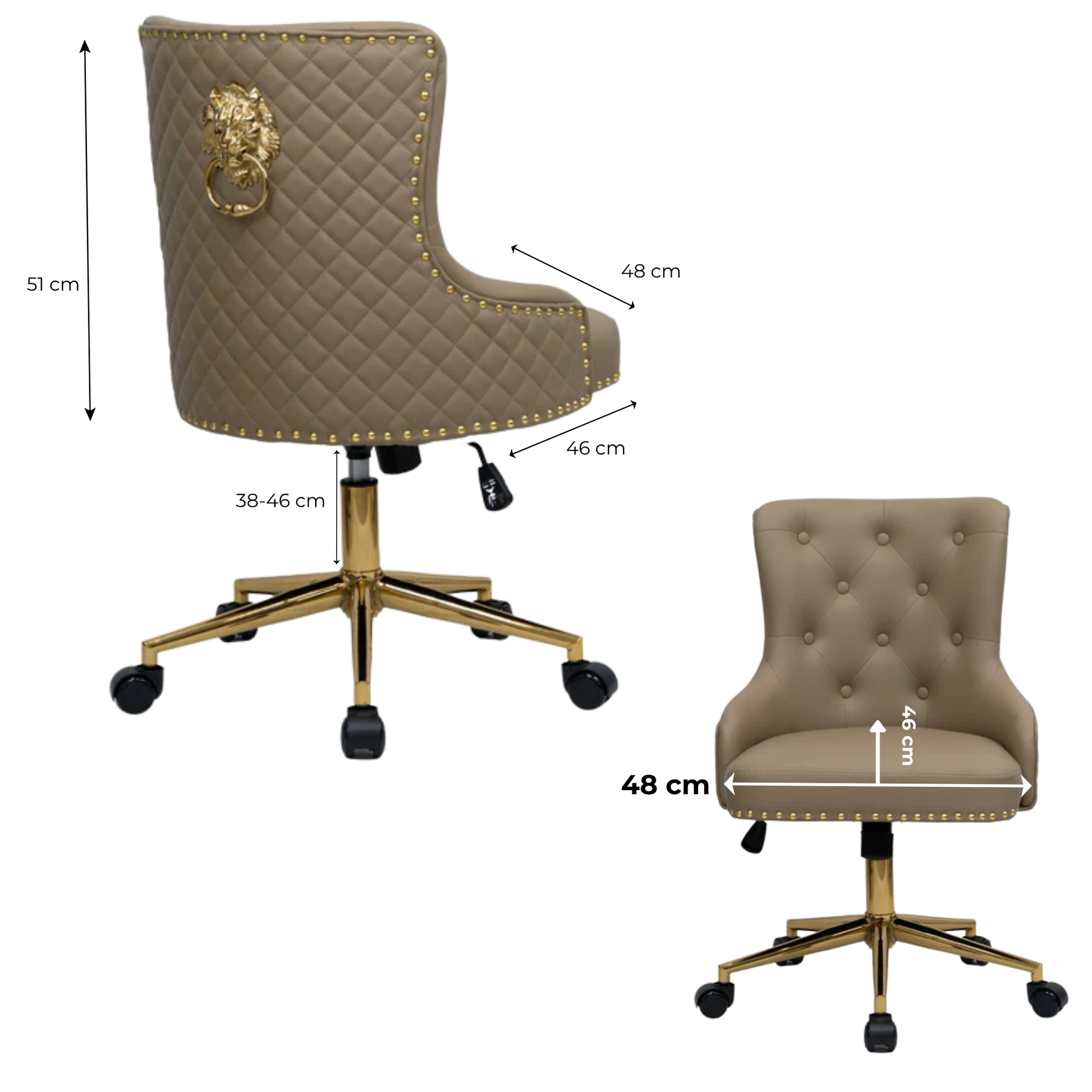 Beige office chair with gold accents and measurements on a white background