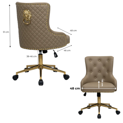 Beige office chair with gold accents and measurements on a white background