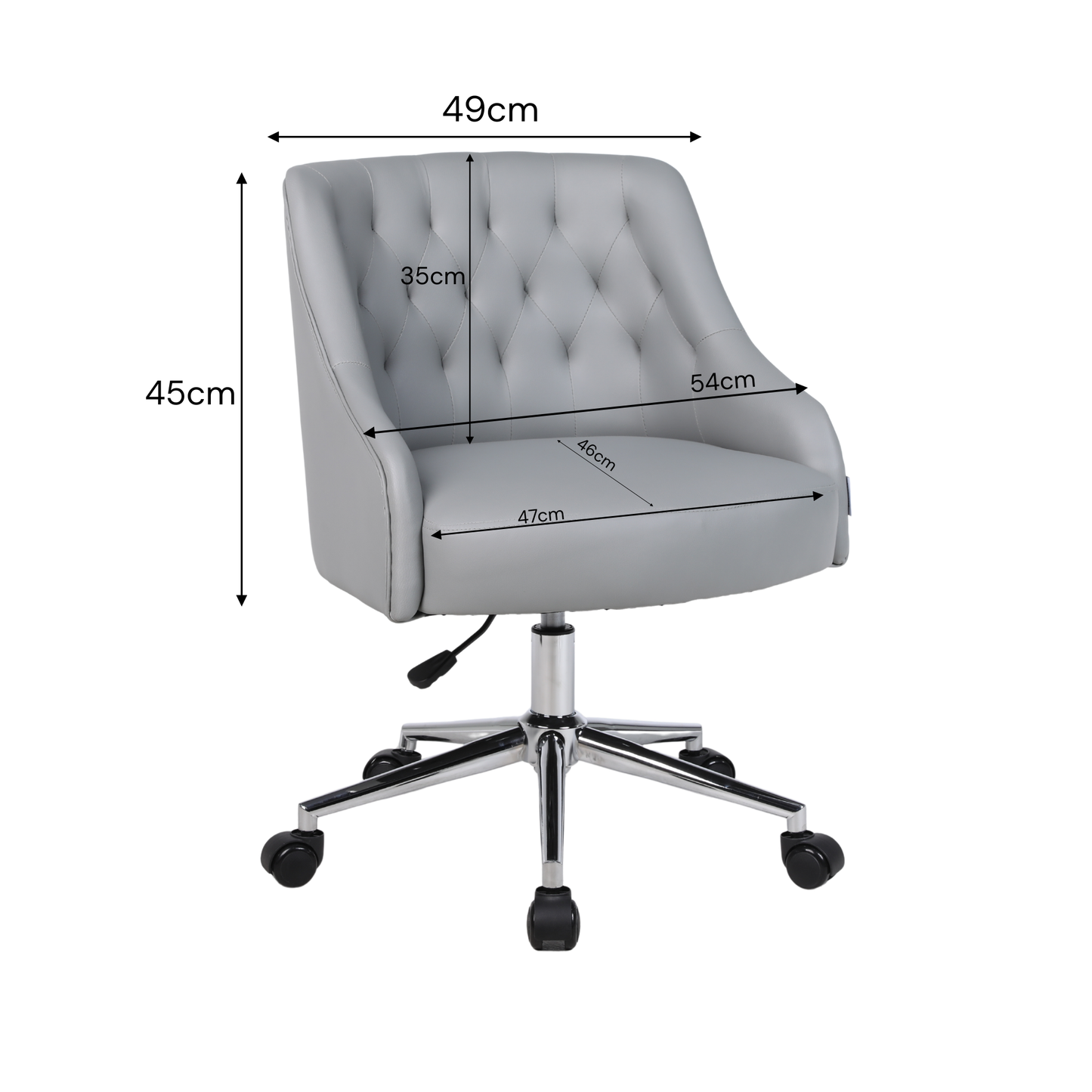 Gray office chair with dimensions marked on a white background