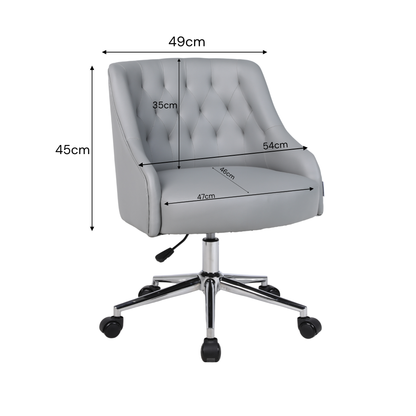 Gray office chair with dimensions marked on a white background