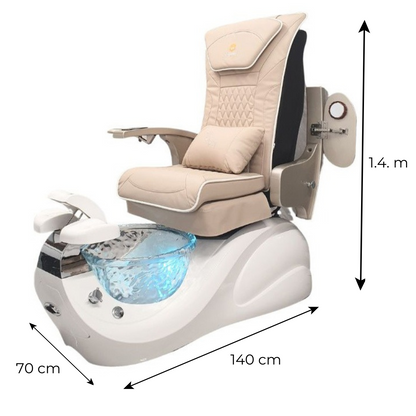 Pedicure chair with dimensions indicated on a white background