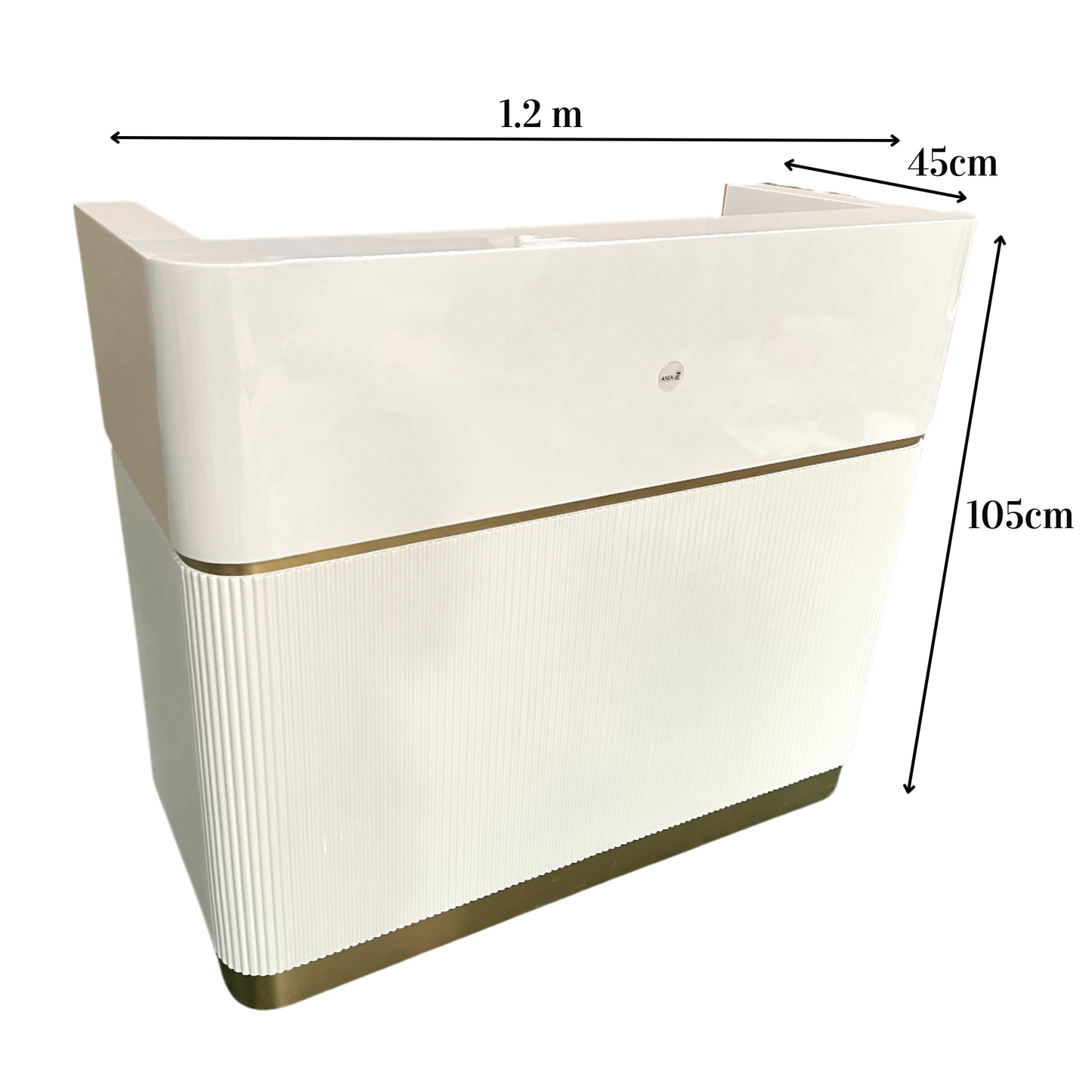 White reception desk with dimensions labeled on a white background