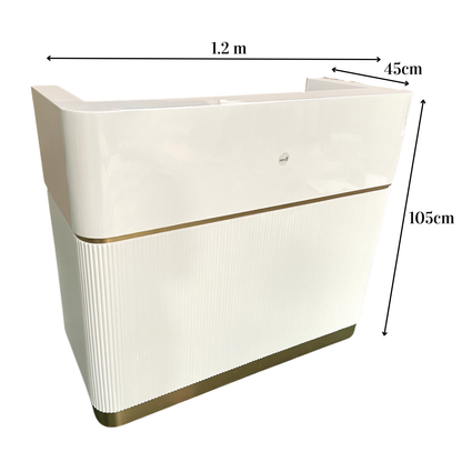 White reception desk with dimensions labeled on a white background
