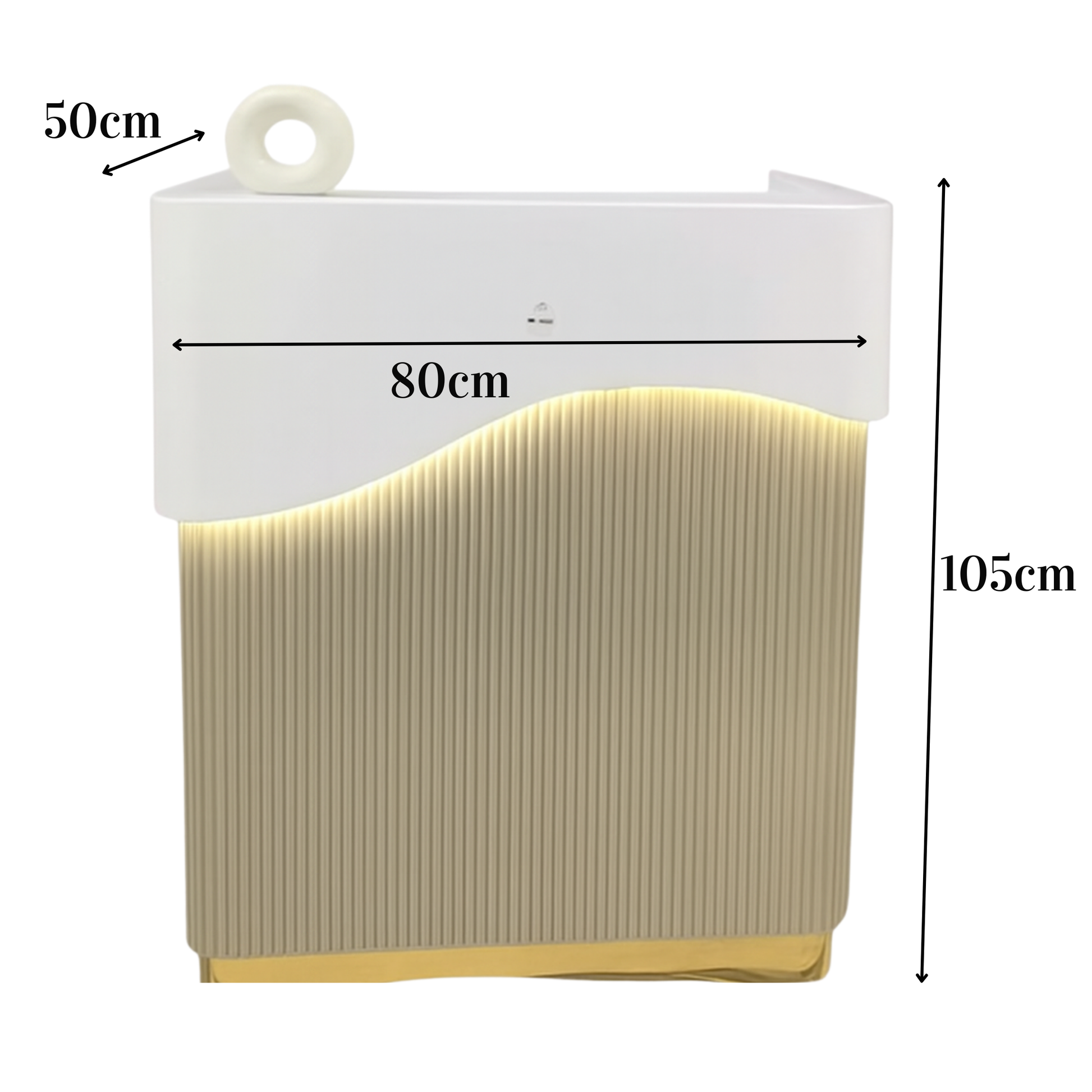 Beige and white product with dimensions labeled on a white background