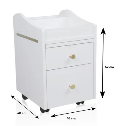 White nightstand with dimensions labeled on a white background