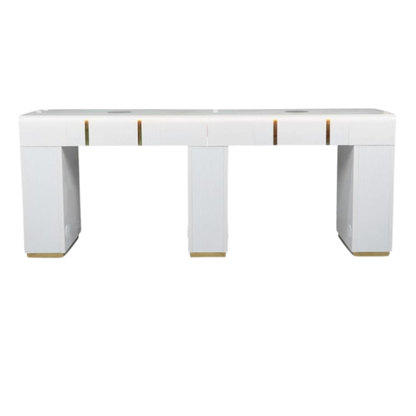 White nail table with gold accents on a white background