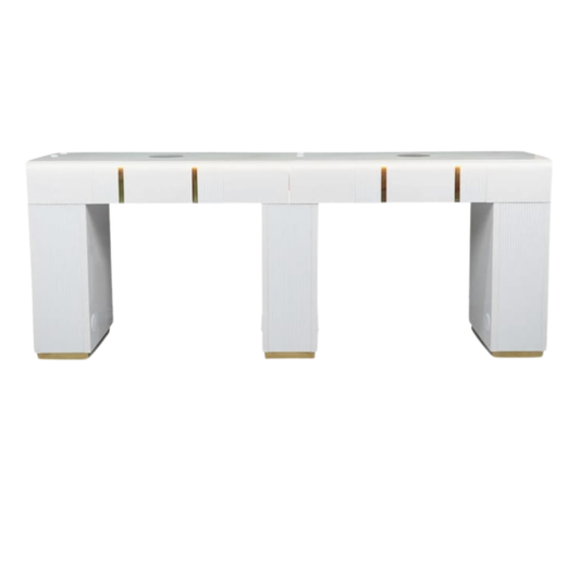 White nail table with gold accents on a white background